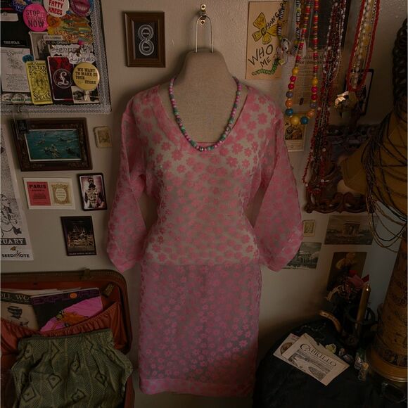 Vintage Other - Floral Print Midi Dress Women's Small/Medium Pink Sheer Vintage Cover Up
